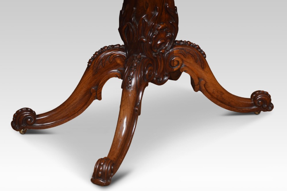 A Victorian dark rosewood fold-over card table featuring an ornate carved frieze, a central carved pedestal column, and carved scroll legs. View VIII