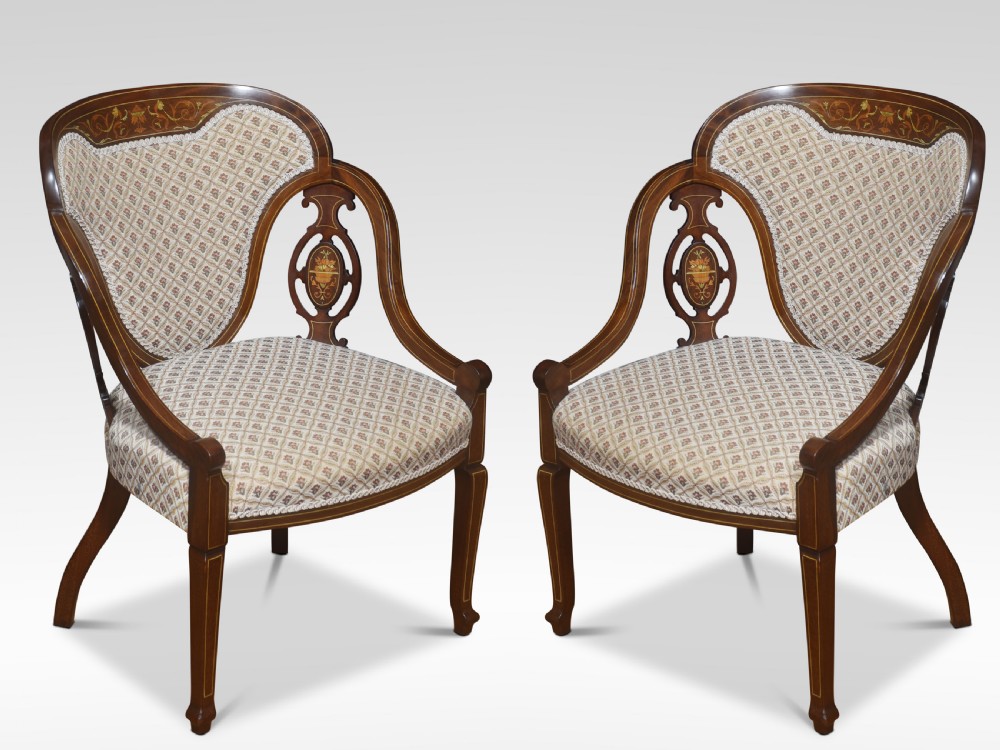 Pair of Marquetry Inlaid mahogany armchairs
