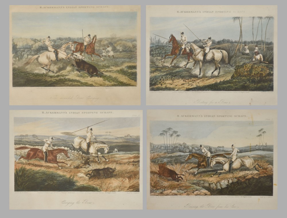 A set of four hand-coloured antique engravings depicting mounted riders engaging in boar hunting scenes in an Indian landscape.