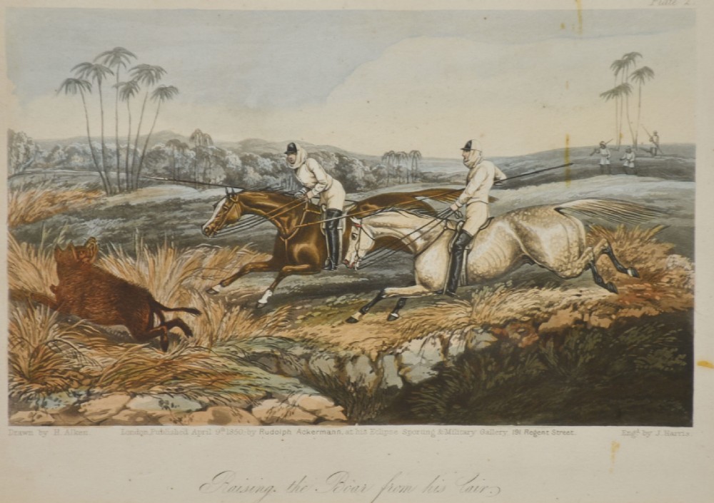A set of four hand-coloured antique engravings depicting mounted riders engaging in boar hunting scenes in an Indian landscape. View III