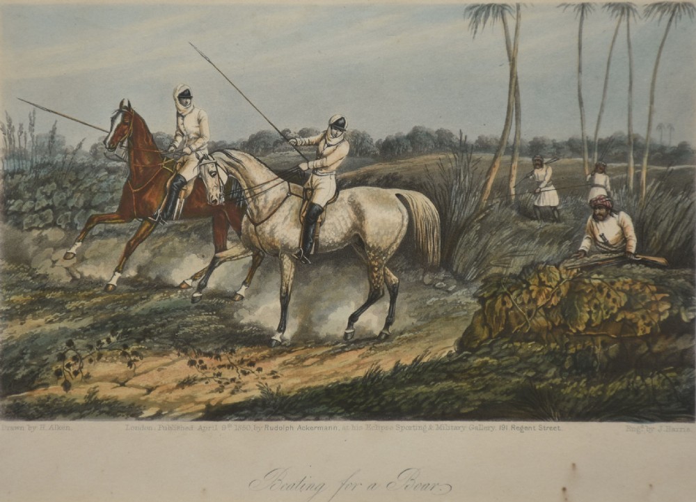 A set of four hand-coloured antique engravings depicting mounted riders engaging in boar hunting scenes in an Indian landscape. View IV