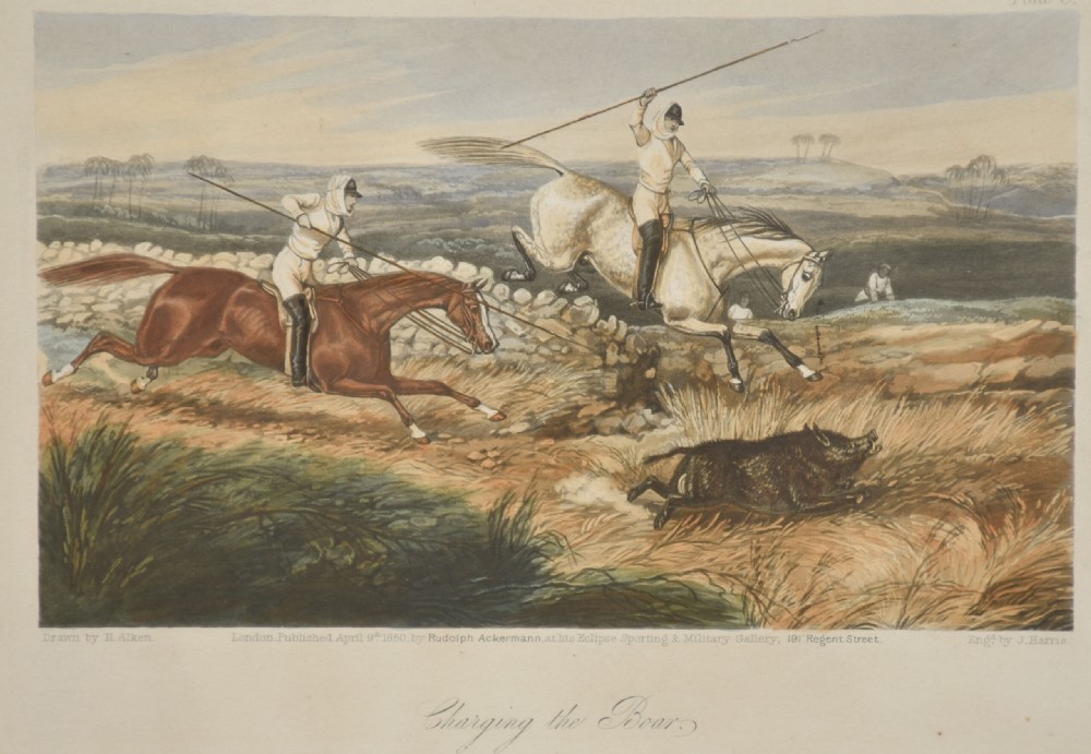 A set of four hand-coloured antique engravings depicting mounted riders engaging in boar hunting scenes in an Indian landscape. View VI