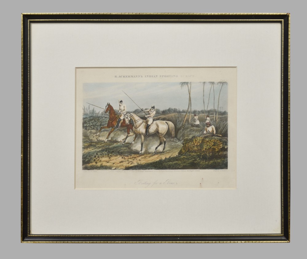 A set of four hand-coloured antique engravings depicting mounted riders engaging in boar hunting scenes in an Indian landscape. View VIII