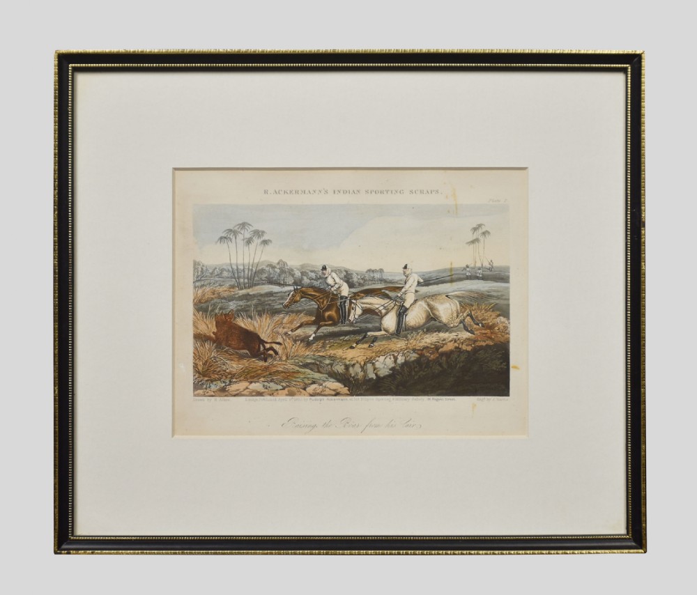 A set of four hand-coloured antique engravings depicting mounted riders engaging in boar hunting scenes in an Indian landscape. View IX