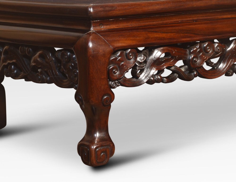 A pair of rectangular low Chinese hardwood coffee tables featuring detailed openwork carved aprons and short cabriole legs. View II