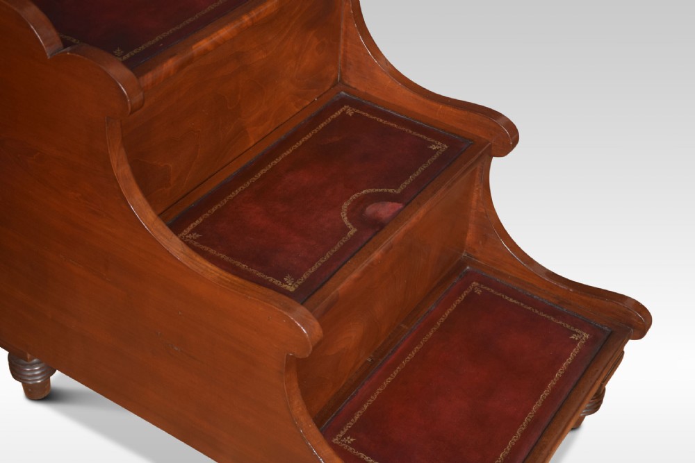 A 19th-century mahogany library step stool featuring three treads inlaid with gold-tooled leather and a top turned wooden handle. View V