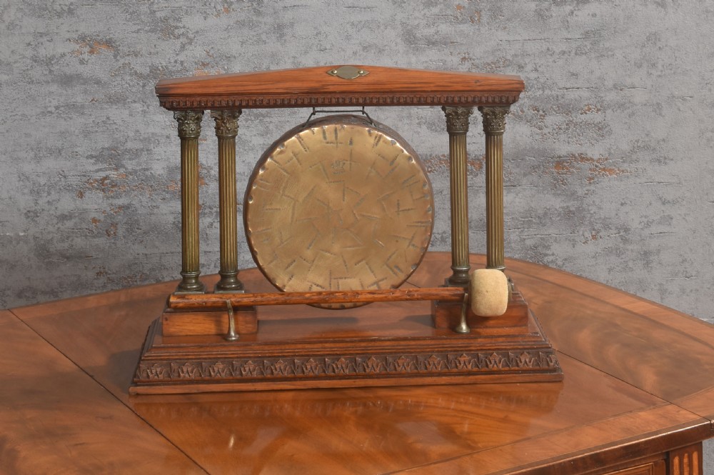 Oak and brass table gong View II