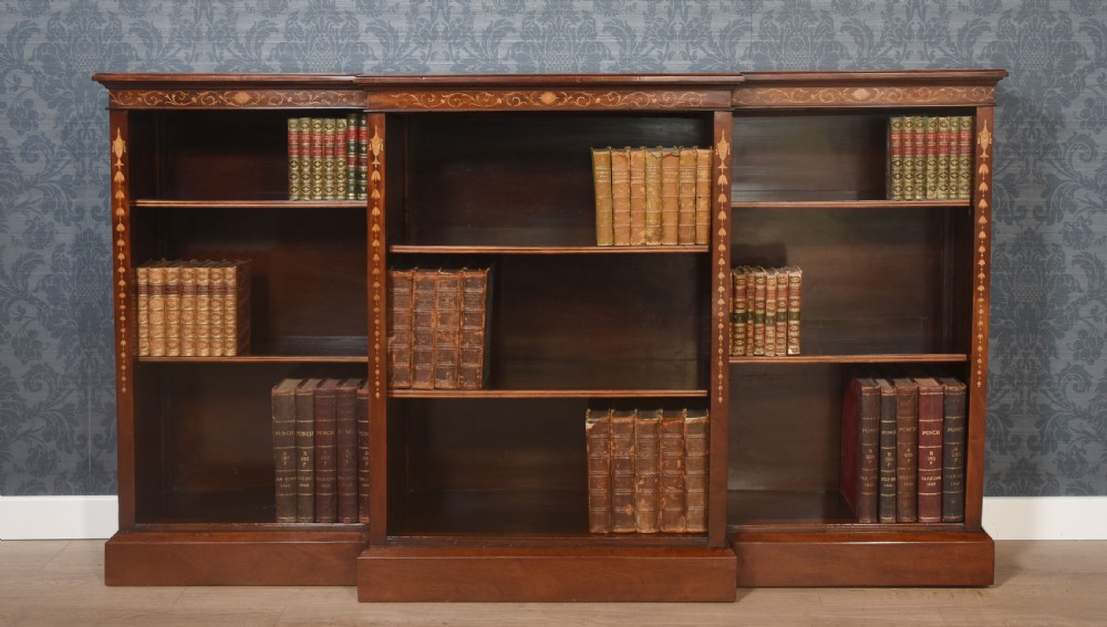 Mahogany inlaid breakfront open bookcase