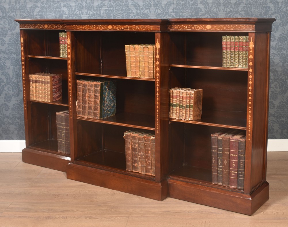 Mahogany inlaid breakfront open bookcase View II