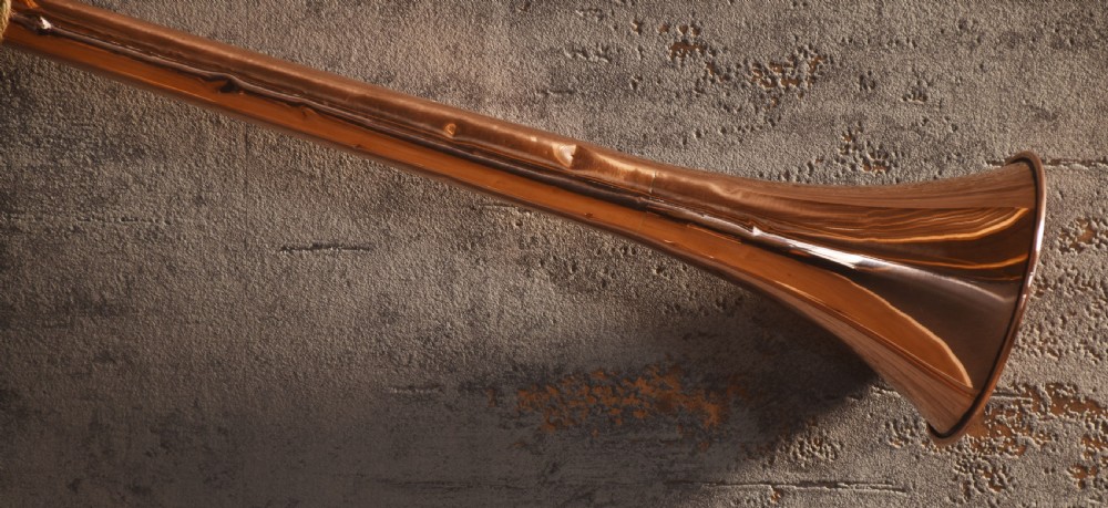 A set of two straight copper coaching horns with brass mouthpieces and flared bells, each rigged with a suspension rope. View V