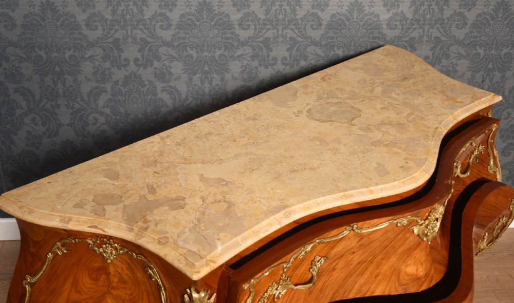 Louis XVI style walnut and gilt metal mounted two drawer commode View X