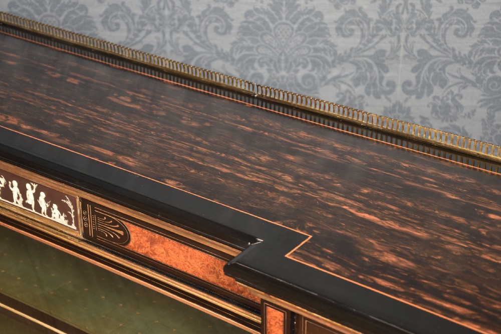 A Victorian ebonised and coromandel side cabinet featuring central glazed shelves, side doors with oval classical cameo plaques, turned legs, and gilt brass details. View XIII