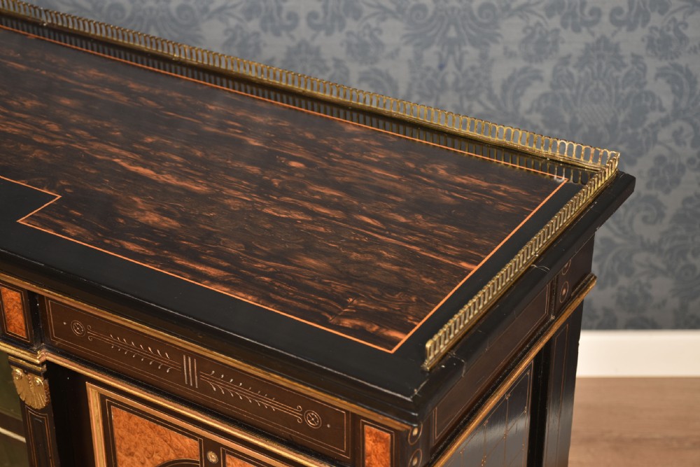 A Victorian ebonised and coromandel side cabinet featuring central glazed shelves, side doors with oval classical cameo plaques, turned legs, and gilt brass details. View XIV