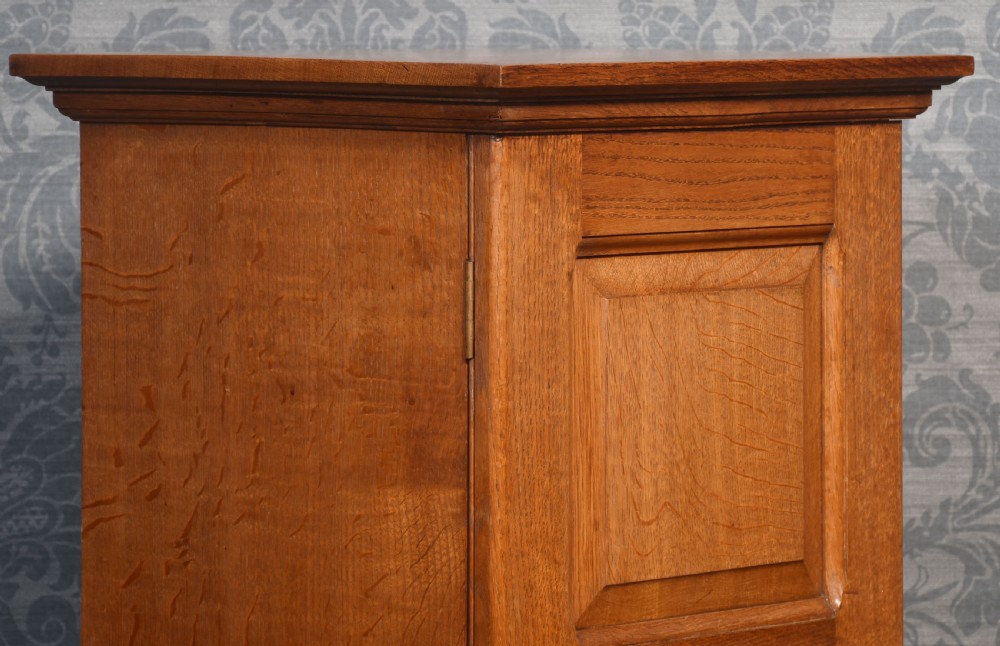 A tall, warm brown oak single-door filing cabinet featuring three recessed field panels and a central brass teardrop handle. View V