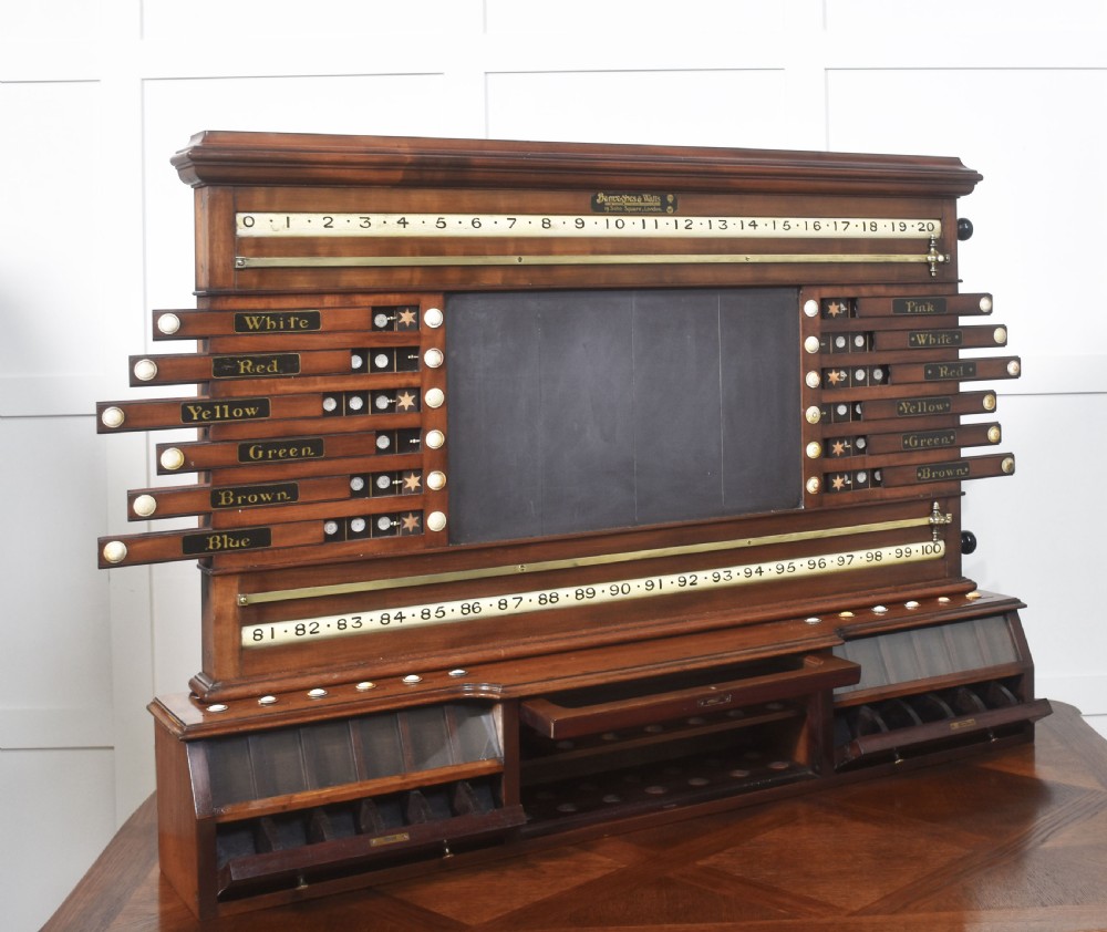 An antique Victorian mahogany billiard scoreboard featuring sliding colour pointers, a central slate panel, brass runners, and integrated ball compartments at the base.