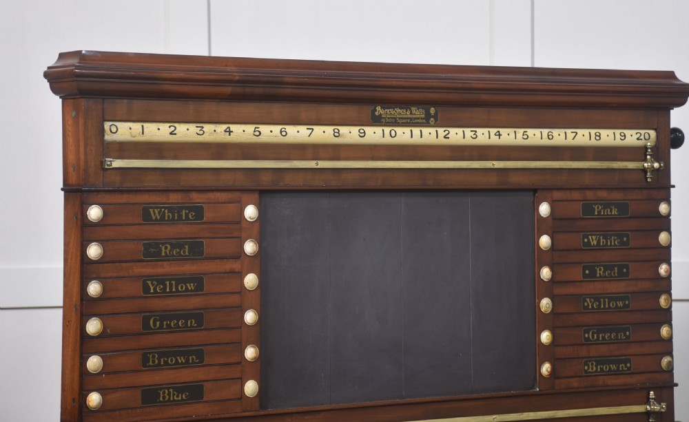 An antique Victorian mahogany billiard scoreboard featuring sliding colour pointers, a central slate panel, brass runners, and integrated ball compartments at the base. View III