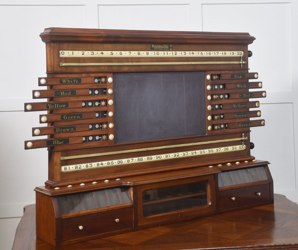 An antique Victorian mahogany billiard scoreboard featuring sliding colour pointers, a central slate panel, brass runners, and integrated ball compartments at the base. View IV