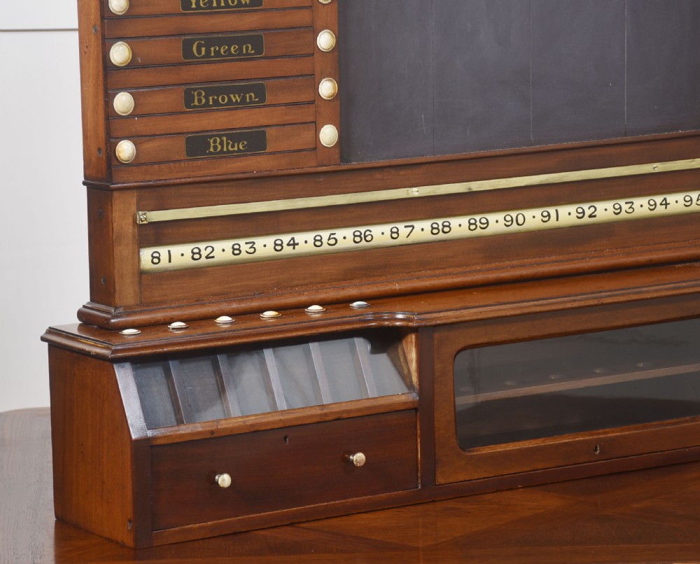 An antique Victorian mahogany billiard scoreboard featuring sliding colour pointers, a central slate panel, brass runners, and integrated ball compartments at the base. View V