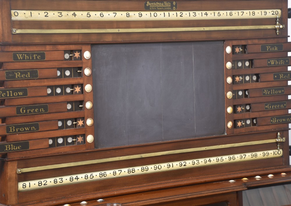 An antique Victorian mahogany billiard scoreboard featuring sliding colour pointers, a central slate panel, brass runners, and integrated ball compartments at the base. View VI