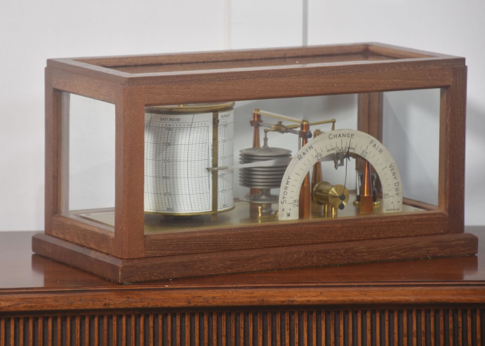An antique mahogany-cased barograph with glass panels showing a revolving chart drum, brass mechanism, and silvered weather indicator arc. View II