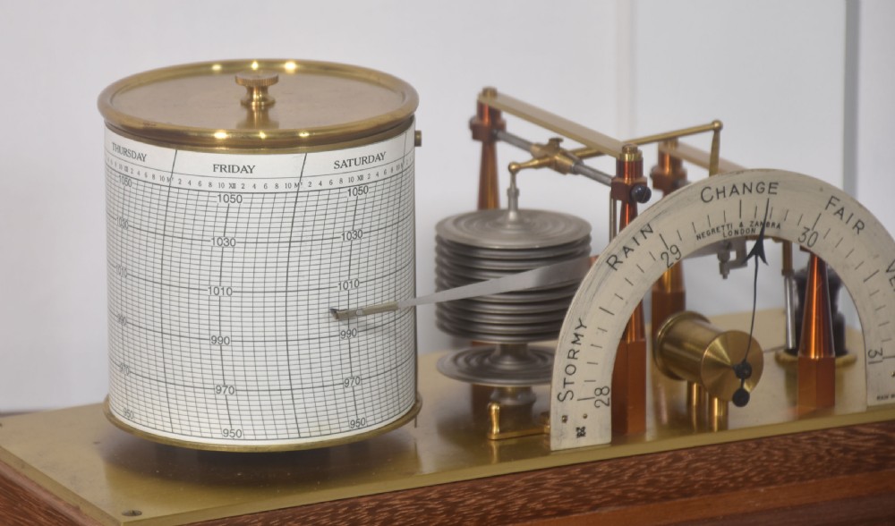 An antique mahogany-cased barograph with glass panels showing a revolving chart drum, brass mechanism, and silvered weather indicator arc. View IV