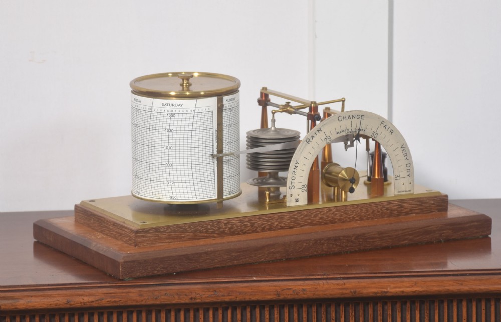 An antique mahogany-cased barograph with glass panels showing a revolving chart drum, brass mechanism, and silvered weather indicator arc. View VII