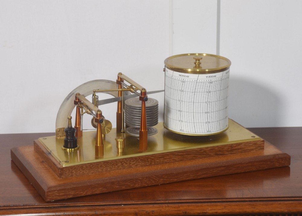 An antique mahogany-cased barograph with glass panels showing a revolving chart drum, brass mechanism, and silvered weather indicator arc. View VIII