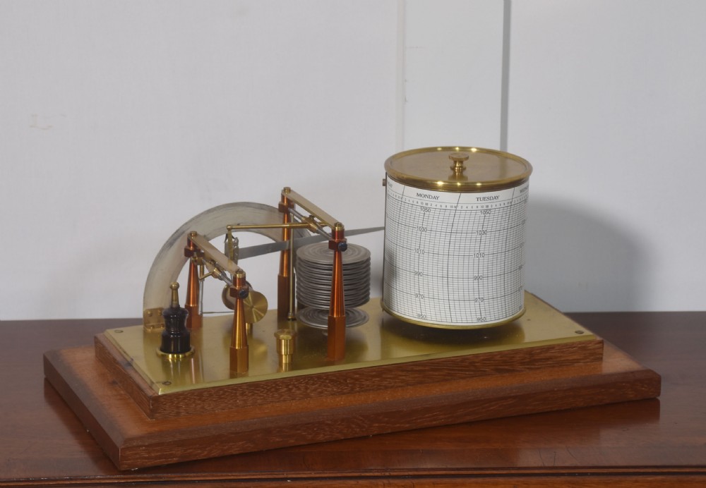 An antique mahogany-cased barograph with glass panels showing a revolving chart drum, brass mechanism, and silvered weather indicator arc. View IX