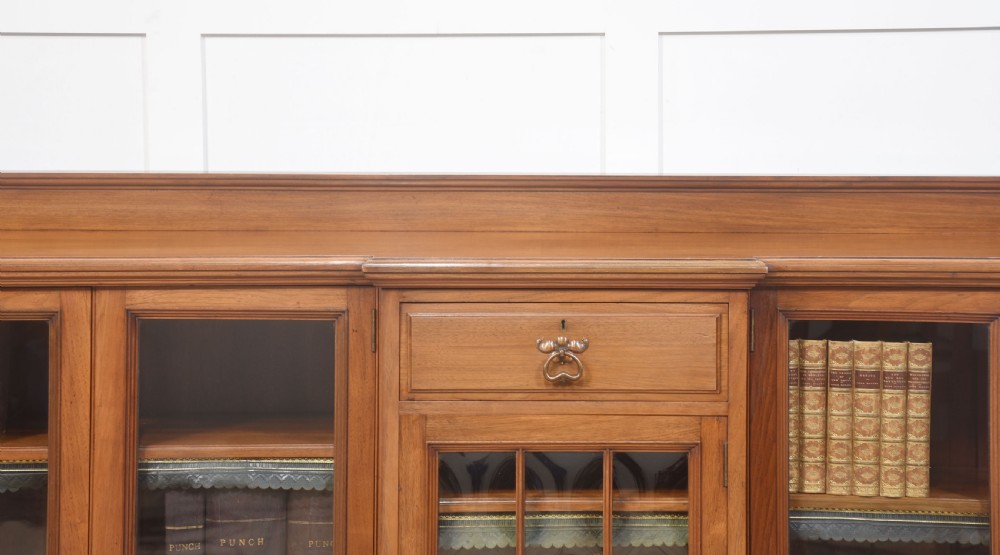 Large walnut breakfront low bookcase View II