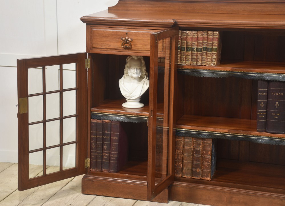 Large walnut breakfront low bookcase View V