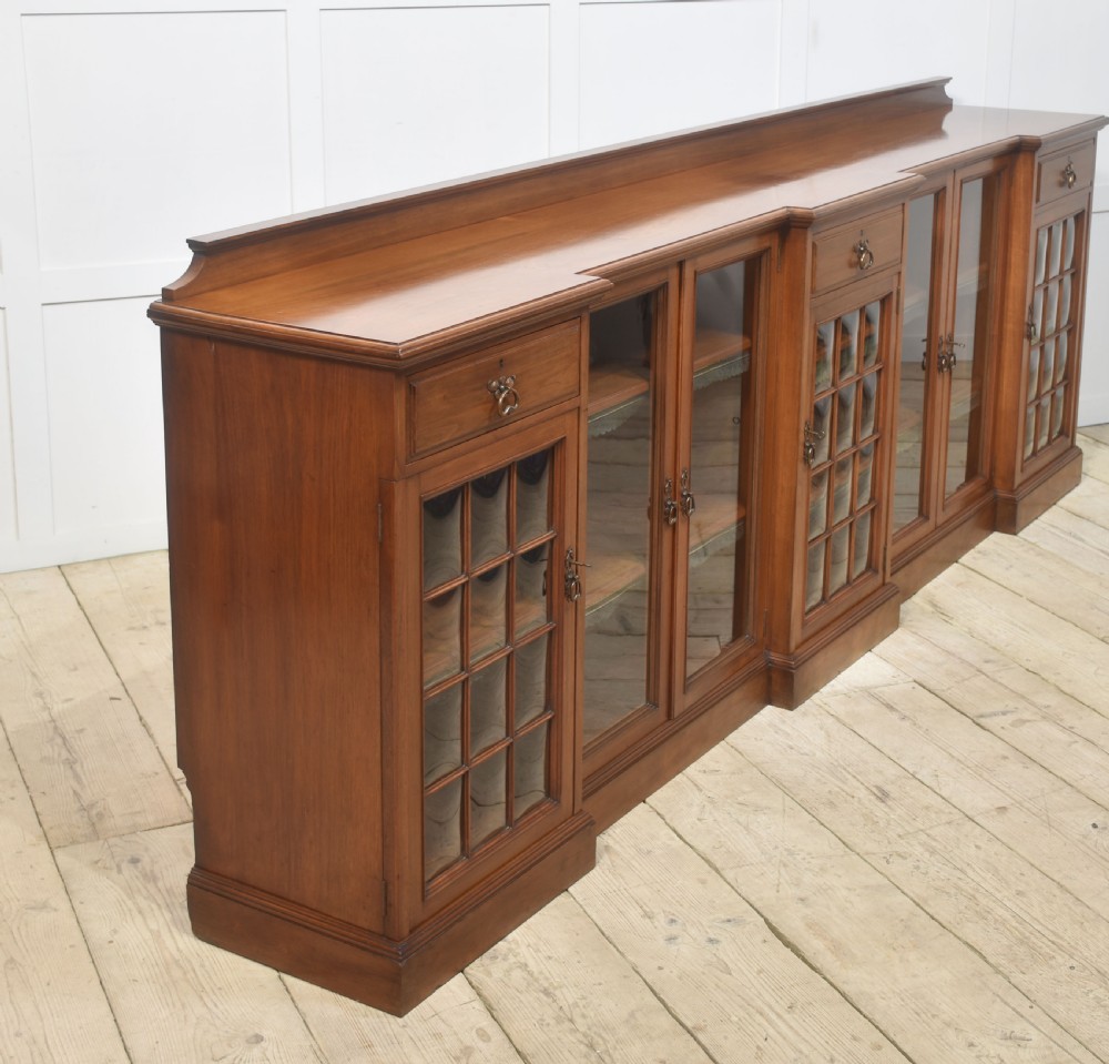 Large walnut breakfront low bookcase View XII