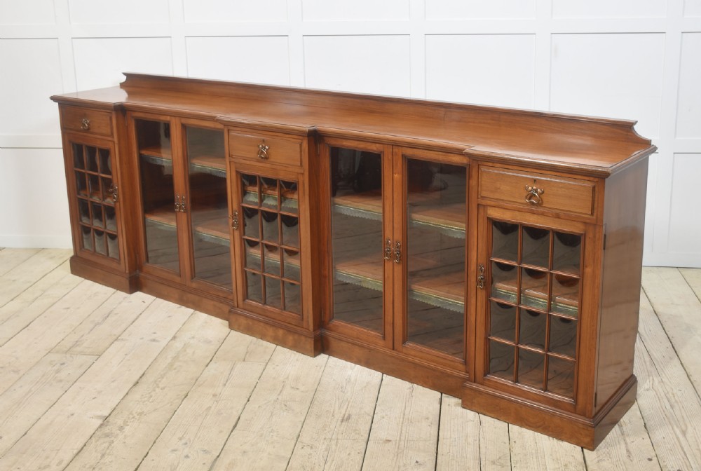 Large walnut breakfront low bookcase View XV