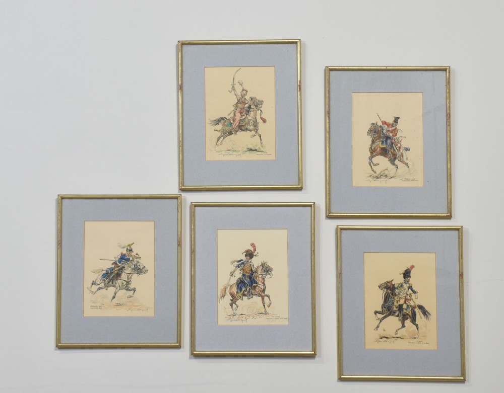 Set of five framed watercolour sketches depicting various military cavalry officers in detailed uniforms mounted on horseback.