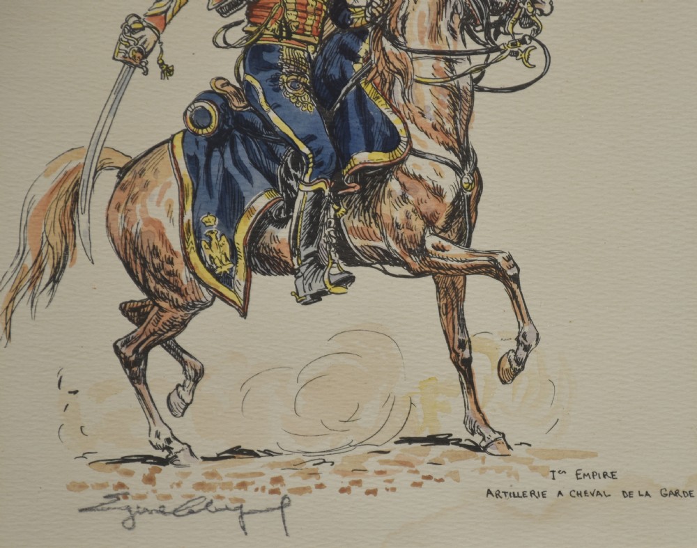 Set of five framed watercolour sketches depicting various military cavalry officers in detailed uniforms mounted on horseback. View V