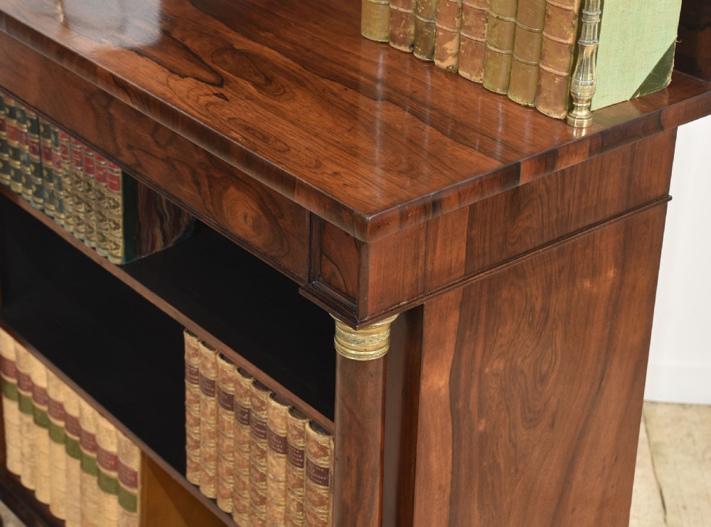 A 19th-century rosewood open bookcase featuring brass pillar supports, a tiered upper shelf gallery, open lower shelves, and turned feet. View XVII