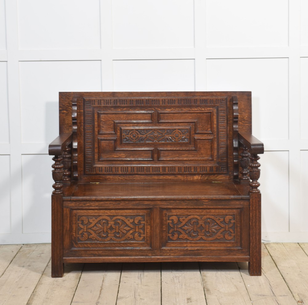 Carved oak monk’s bench