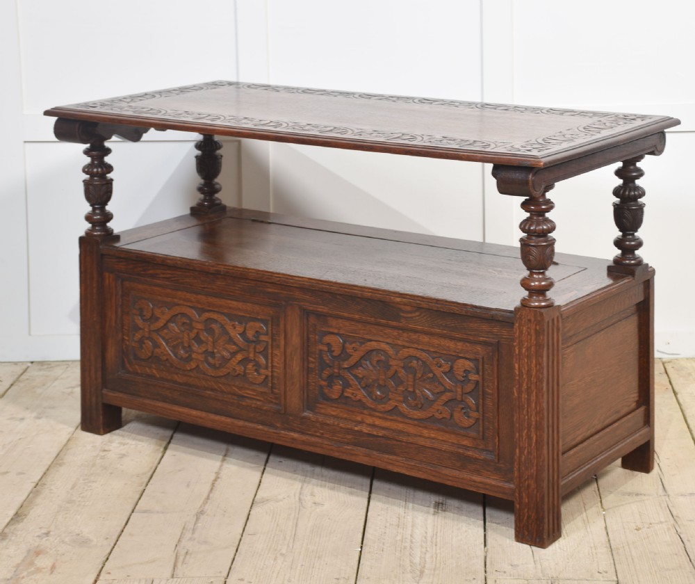 Carved oak monk’s bench View IV