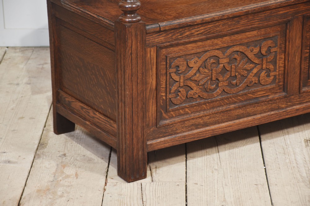 Carved oak monk’s bench View VI