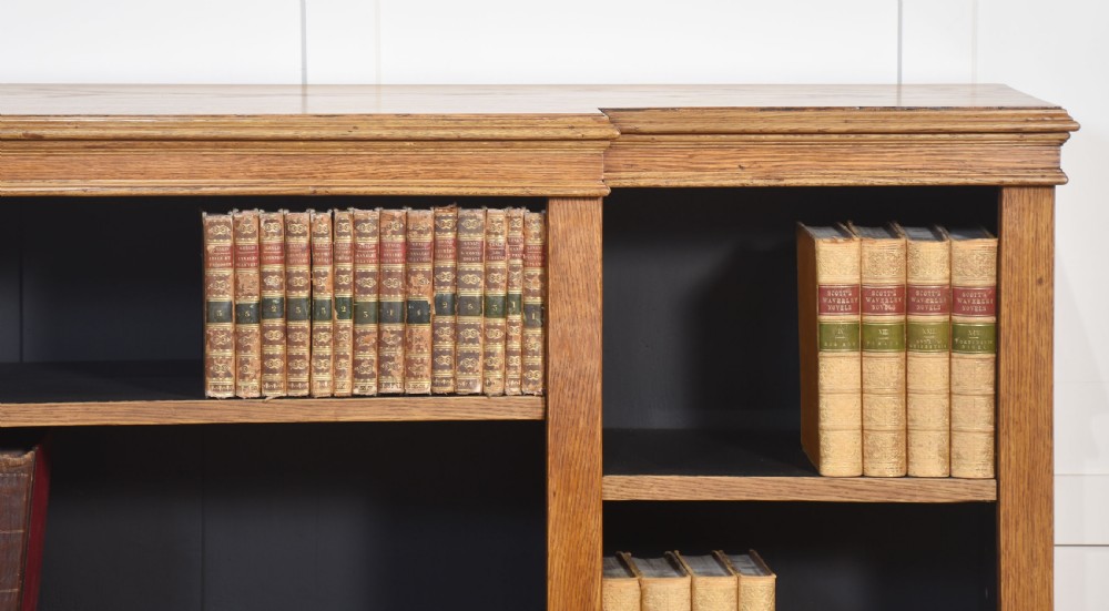 Oak breakfront open bookcase View II