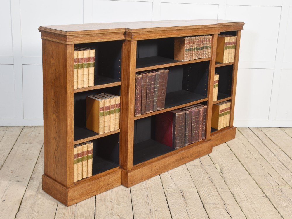 Oak breakfront open bookcase View III