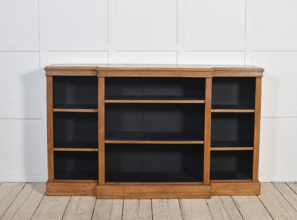 Oak breakfront open bookcase View VII