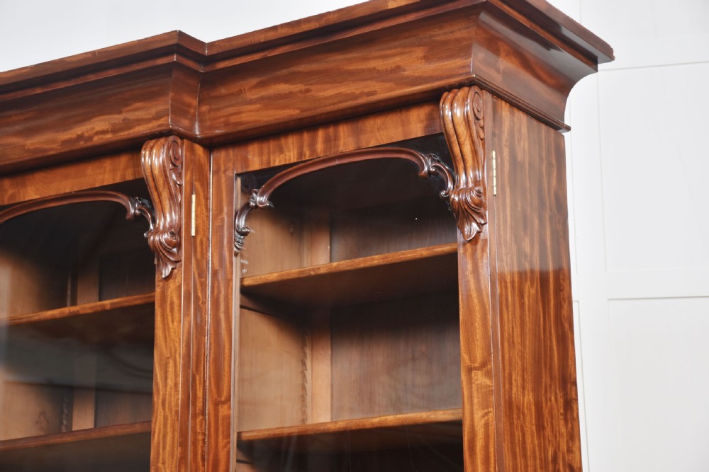A 19th-century mahogany breakfront bookcase featuring glazed upper doors with adjustable shelves above a base with flame mahogany panelled doors. View XV