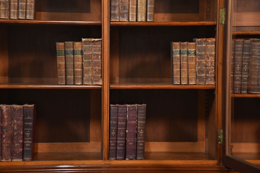 A 19th-century mahogany breakfront bookcase featuring glazed upper doors with adjustable shelves above a base with flame mahogany panelled doors. View XIX