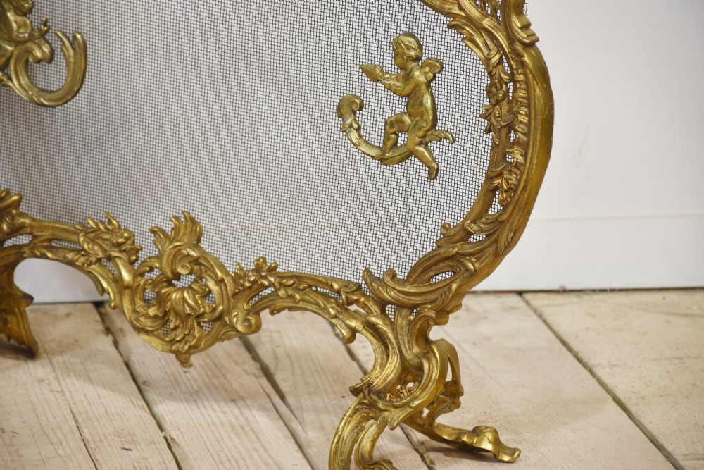 A pair of ornate Louis XV style gilt bronze fire screens featuring Rococo scrollwork, cherub mounts, and wire mesh panels on cabriole feet. View IV