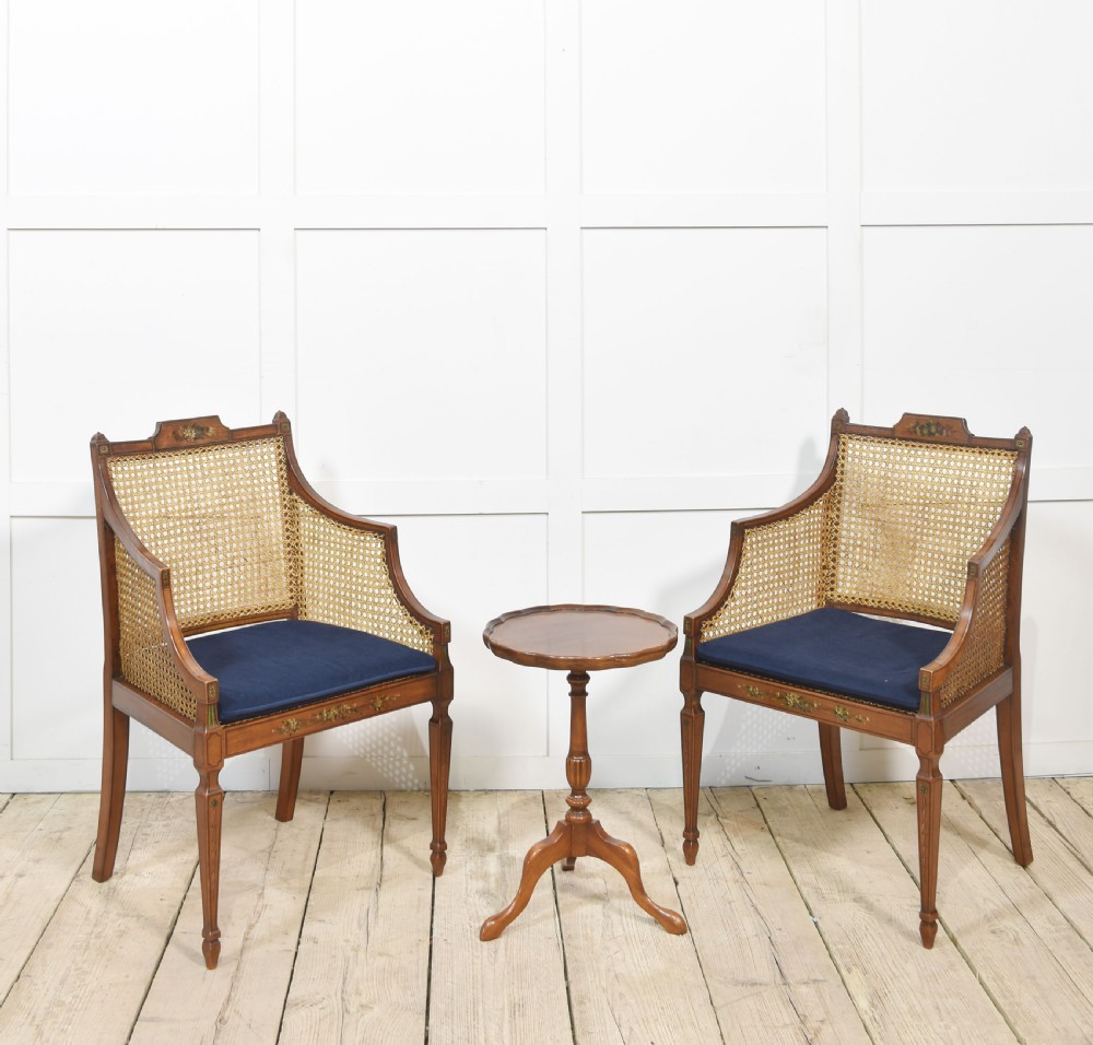 Pair of Sheraton revival satinwood and bergere armchairs View III