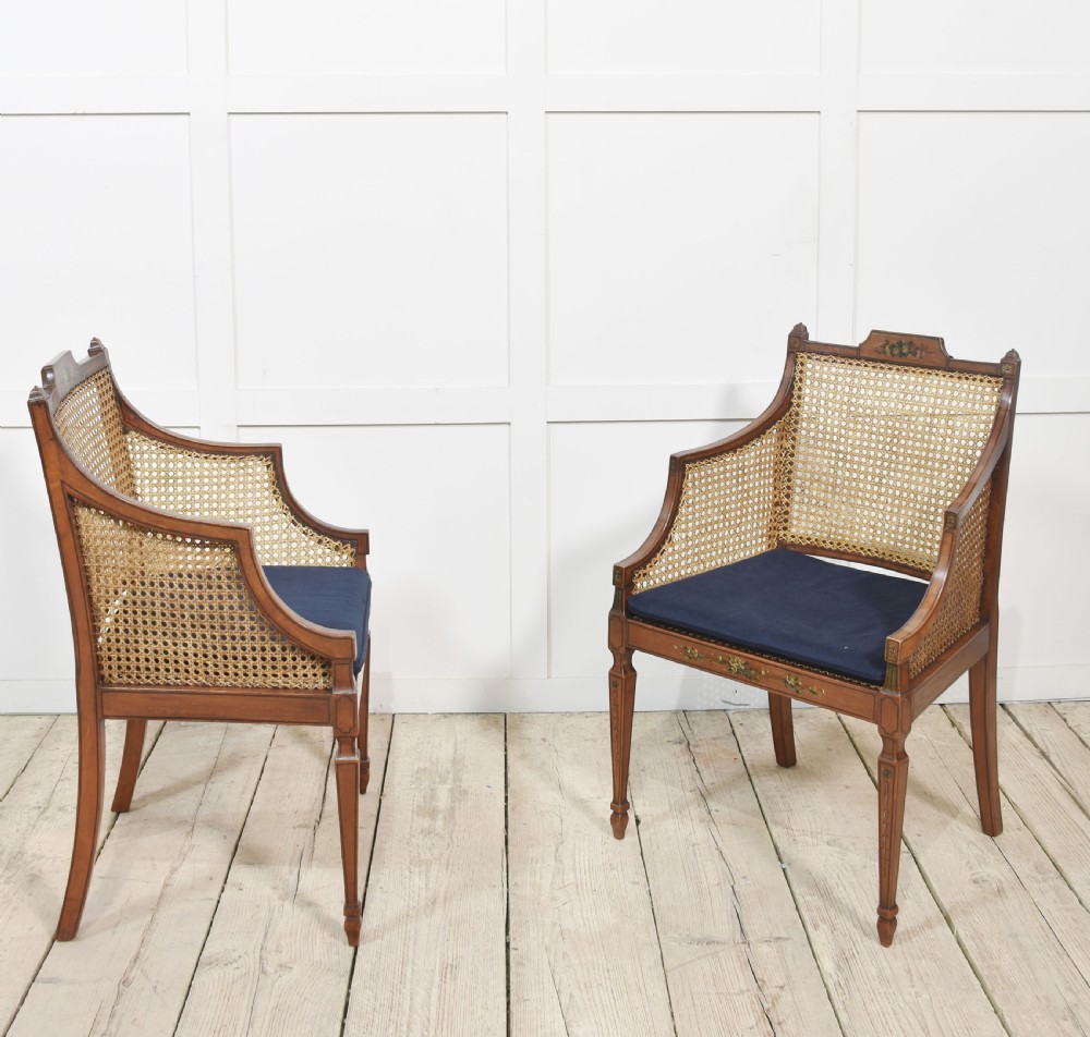 Pair of Sheraton revival satinwood and bergere armchairs View VI