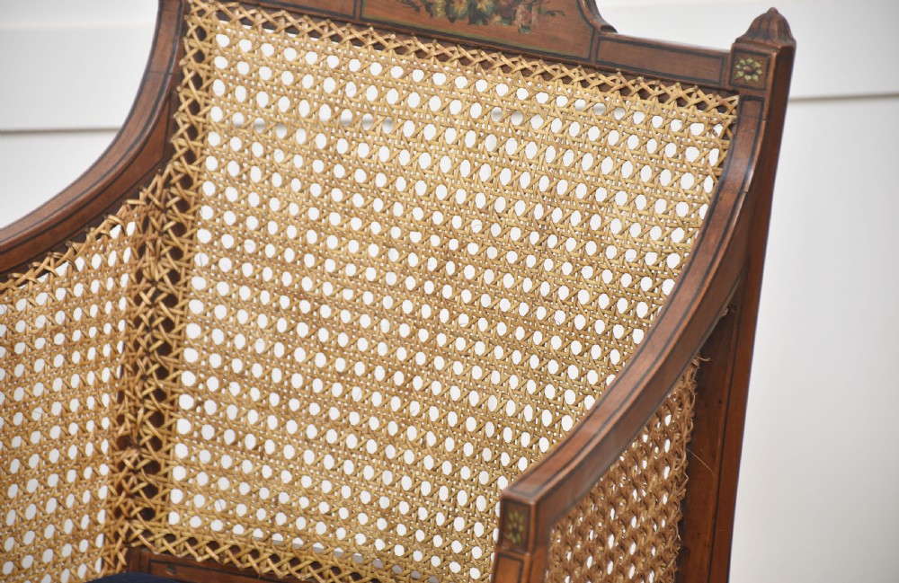 Pair of Sheraton revival satinwood and bergere armchairs View IX
