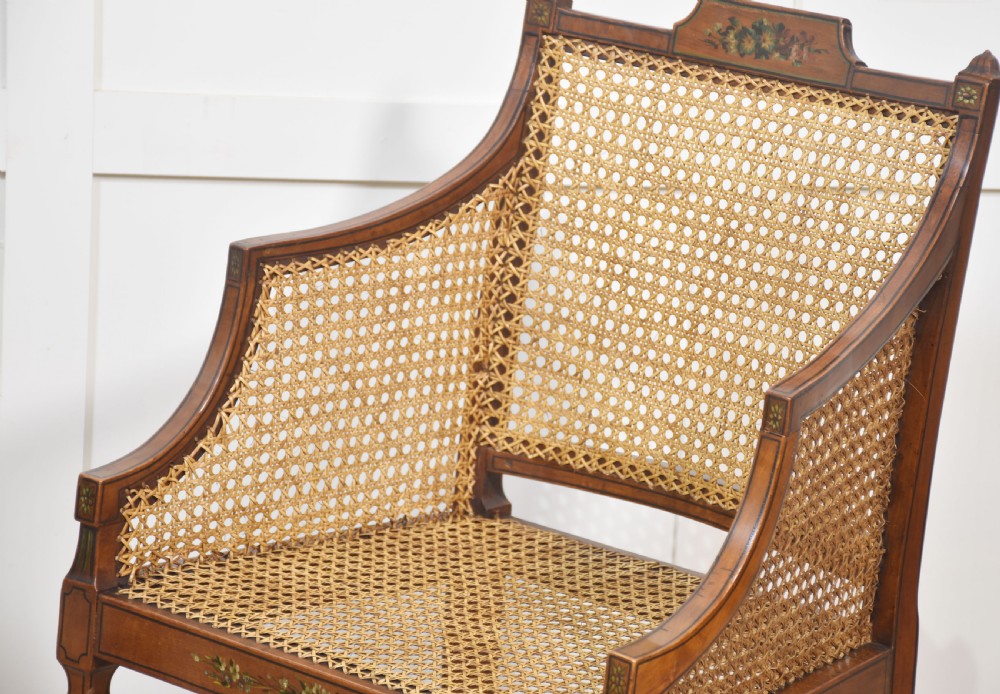 Pair of Sheraton revival satinwood and bergere armchairs View XI