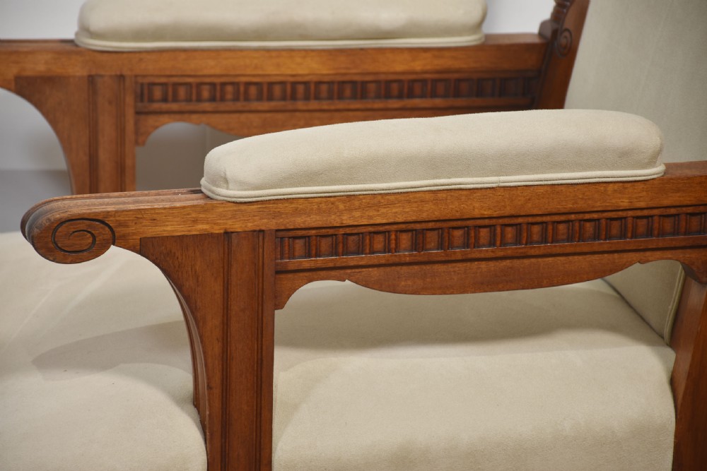 Pair of walnut upholstered library armchairs View IV