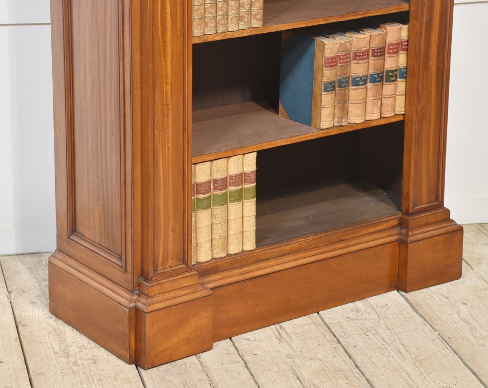 A tall antique golden brown satinwood open bookcase featuring five adjustable shelves, fluted side pilasters, and a moulded top cornice. View VII